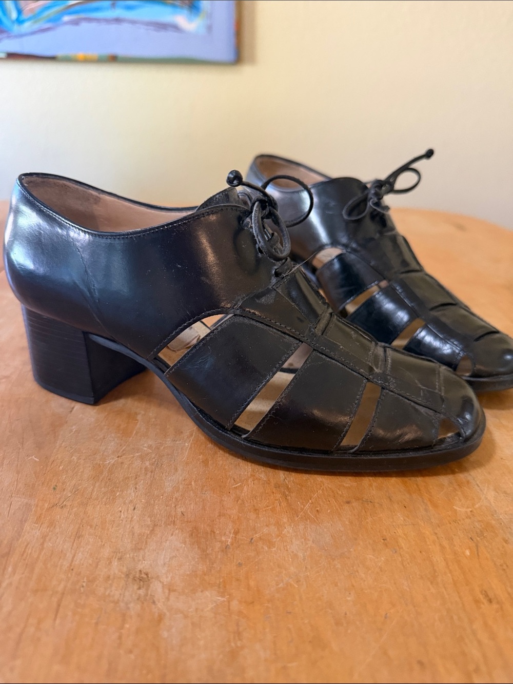 Vintage Enzo Angiolini cutout black leather fisherman heels women’s sz 8